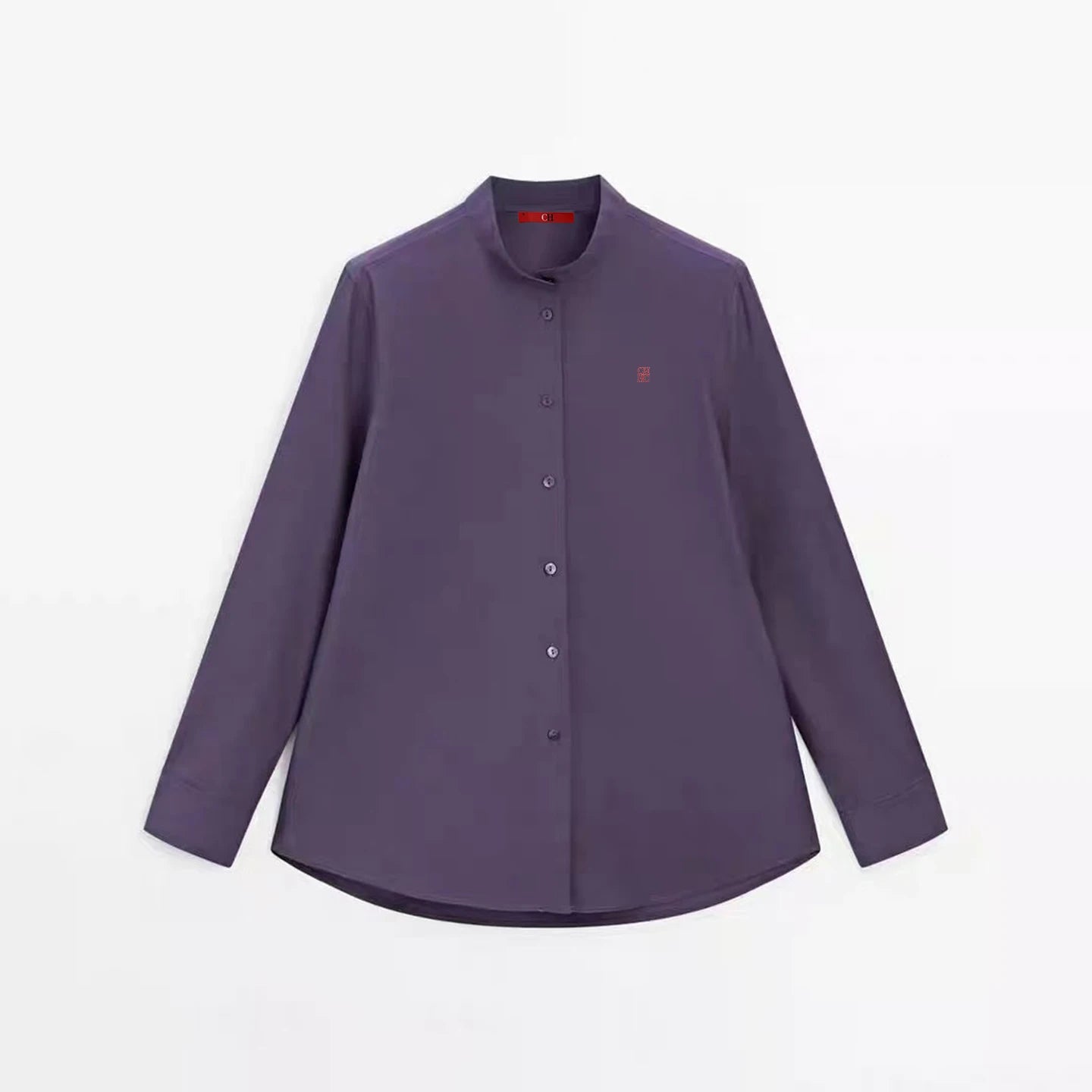 CH Logo Embroidered Solid Color Women Mandarin Collar Long Sleeve Shirt Regular Fit Sleek Minimalist Casual Tops