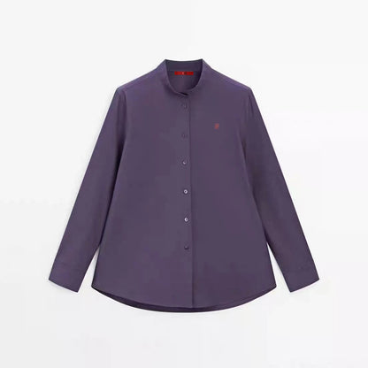 CH Logo Embroidered Solid Color Women Mandarin Collar Long Sleeve Shirt Regular Fit Sleek Minimalist Casual Tops
