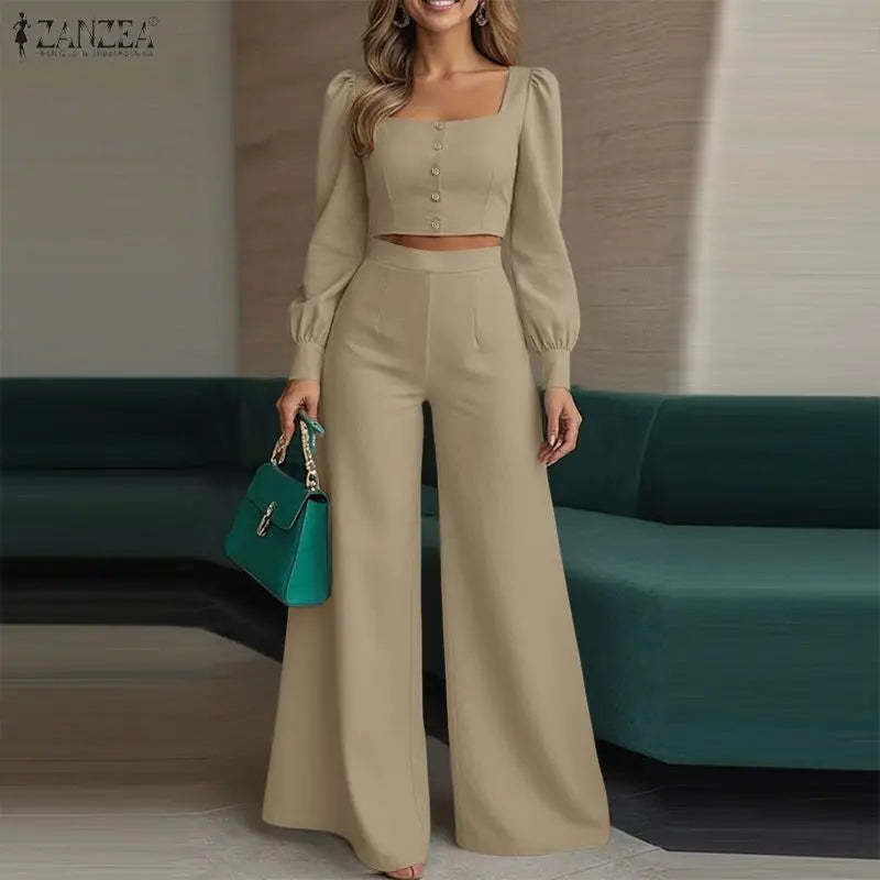 ZANZEA Fashion Autumn Outfits Street Women 2 Pieces Sets Square Neck Long Sleeve Crop Top & Wide Leg Pant Suit Work Matching Set