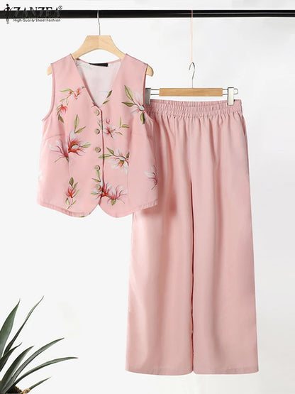 ZANZEA Elegant Women OL Work Pant Sets Summer 2PCS Outfits Casual Loose Wide Leg Trousers Suits Floral Tanks Tops Matching Sets