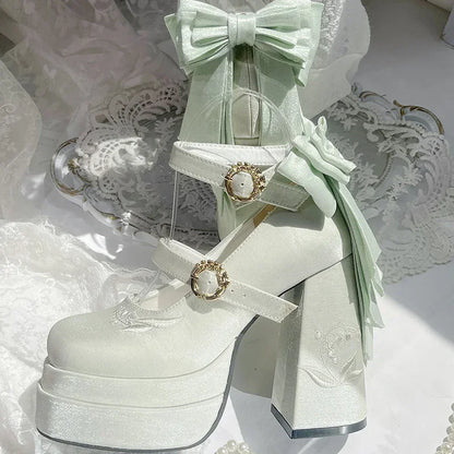 Elegant Satin Waterproof Lolita Mary Jane Shoes Women's Sweet Cute Girls Bow Paltform High Heel Ladies Pumps Platform Heels