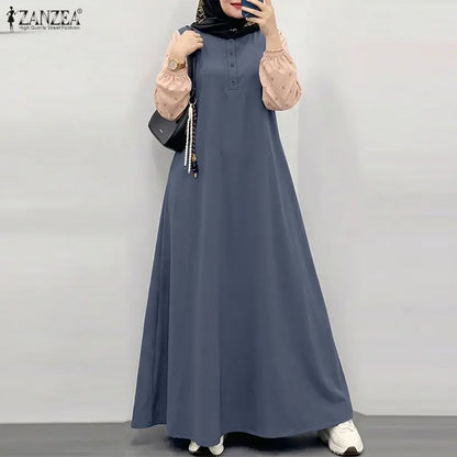 ZANZEA Women Patchwork Muslim Abaya Maxi Dresses Casual O Neck Long Sleeve Loose Ramadan Sundress Kaftan Hijab Dress Robe Femme
