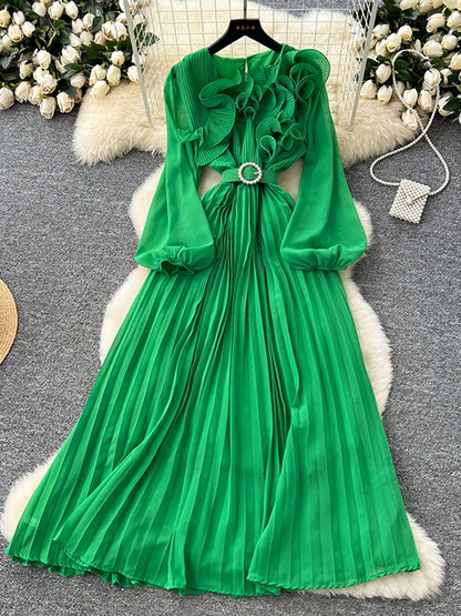 2026 Spring Autumn Fashion Elegant Dress for Women New French Mushroom Edge Crimping Loose Chiffon Long Sleeve Long Dress C141