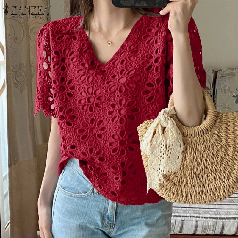 ZANZEA Summer Embroidered Eyelet Blouses for Woman Casual V-Neck Short Sleeve Hollow Out Lace Solid Blusas Mujer Daily Vacation