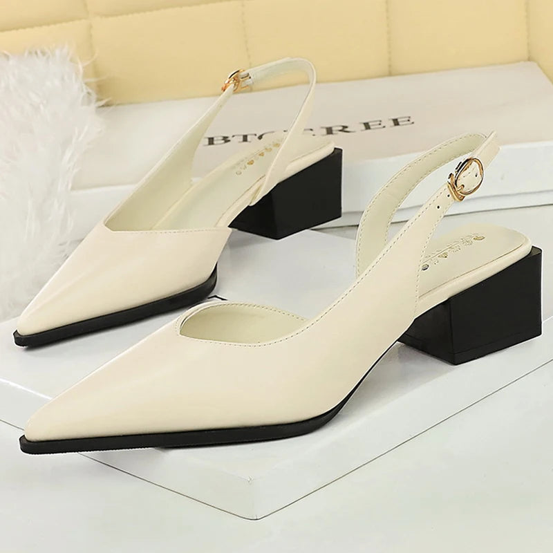 BIGTREE Shoes New Women Pumps Pointed Middle-High Heeled Shoes Hollow Out Hook Strap Women's Sandals Thick With Ladies Shoes