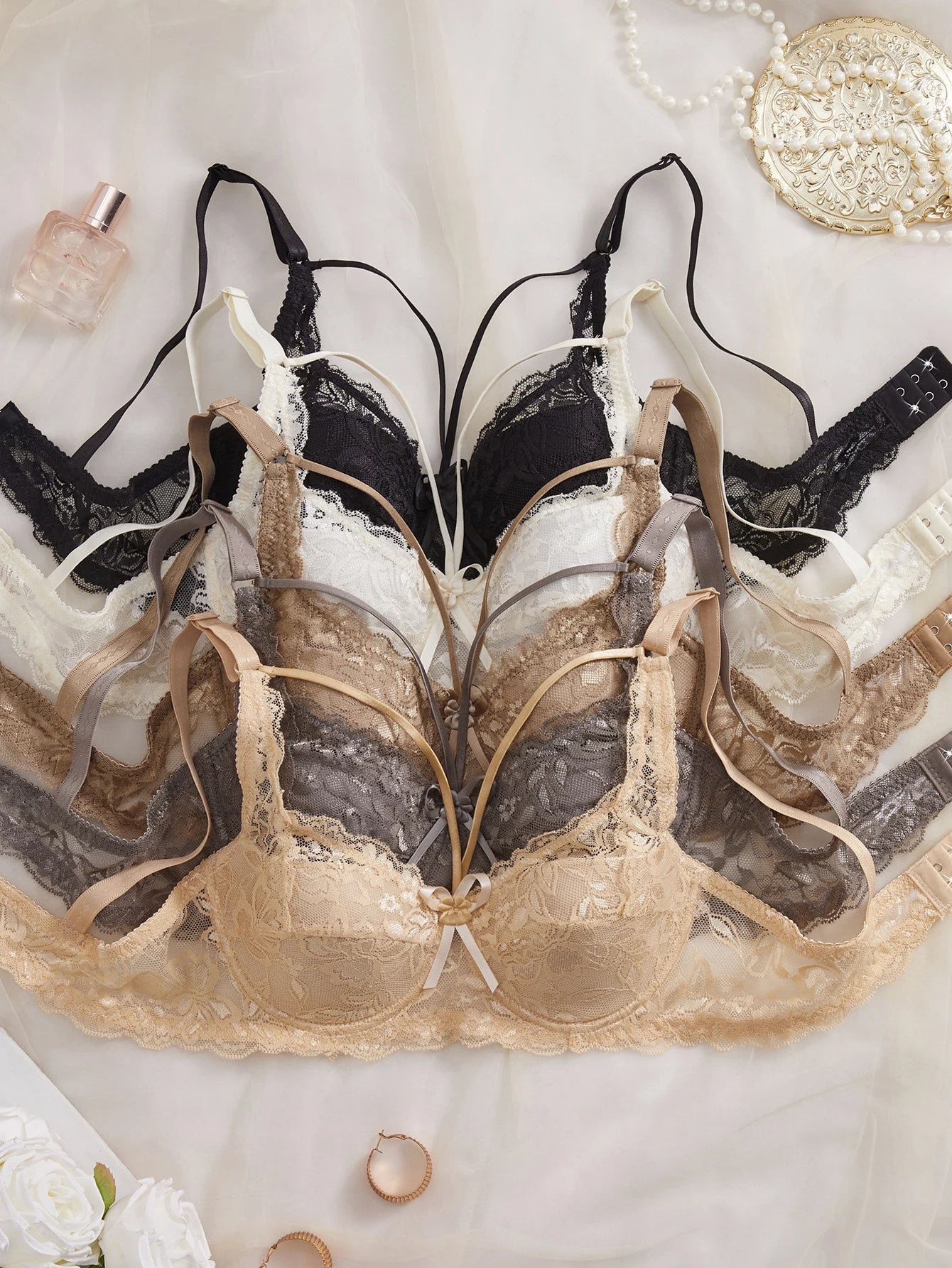 5PCS Lace Women's Underwear Set Hollow-out Lace Push up Bra Bow Breast Lift Band Sexy Bras Women Lingerie