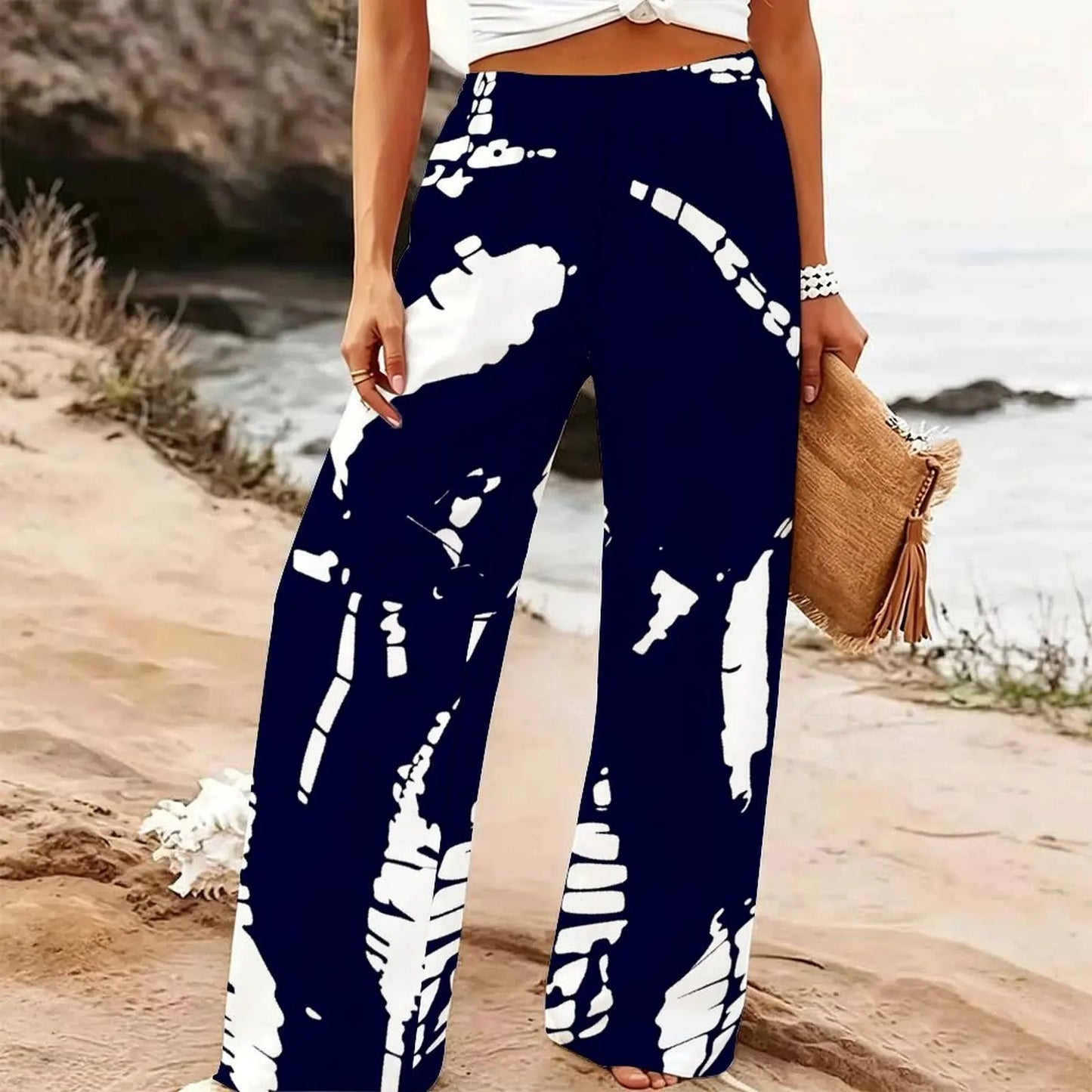 Women's Summer Beach Wide Leg Trousers Floral Print Elastic High Waist Loose Fit Casual Vacation Palazzo Pants