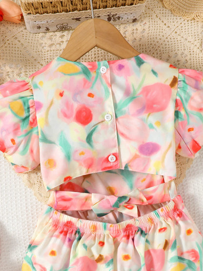Girls' floral printed bubble sleeve square neck dress with backless straps and bow, suitable for outdoor wear in spring/summer
