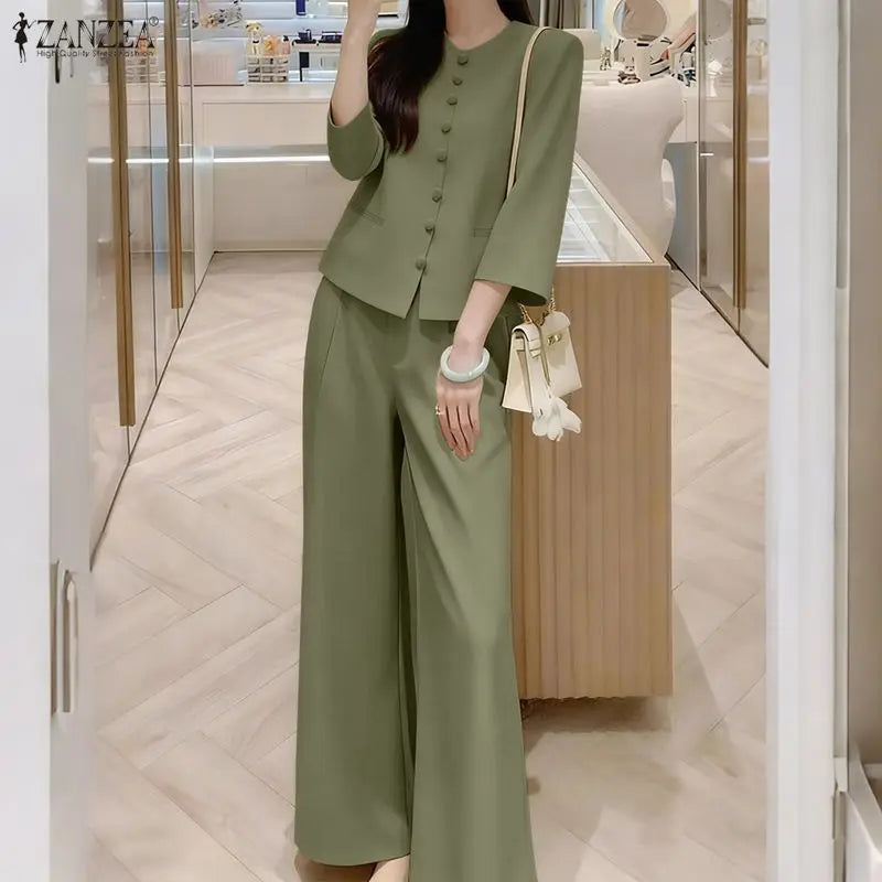 ZANZEA Fashion Women Pant Sets Spring 2 Pieces Sets Outfits 3/4 Sleeve Shirt Wide Leg Trousers Elegant Solid OL Work Tracksuit