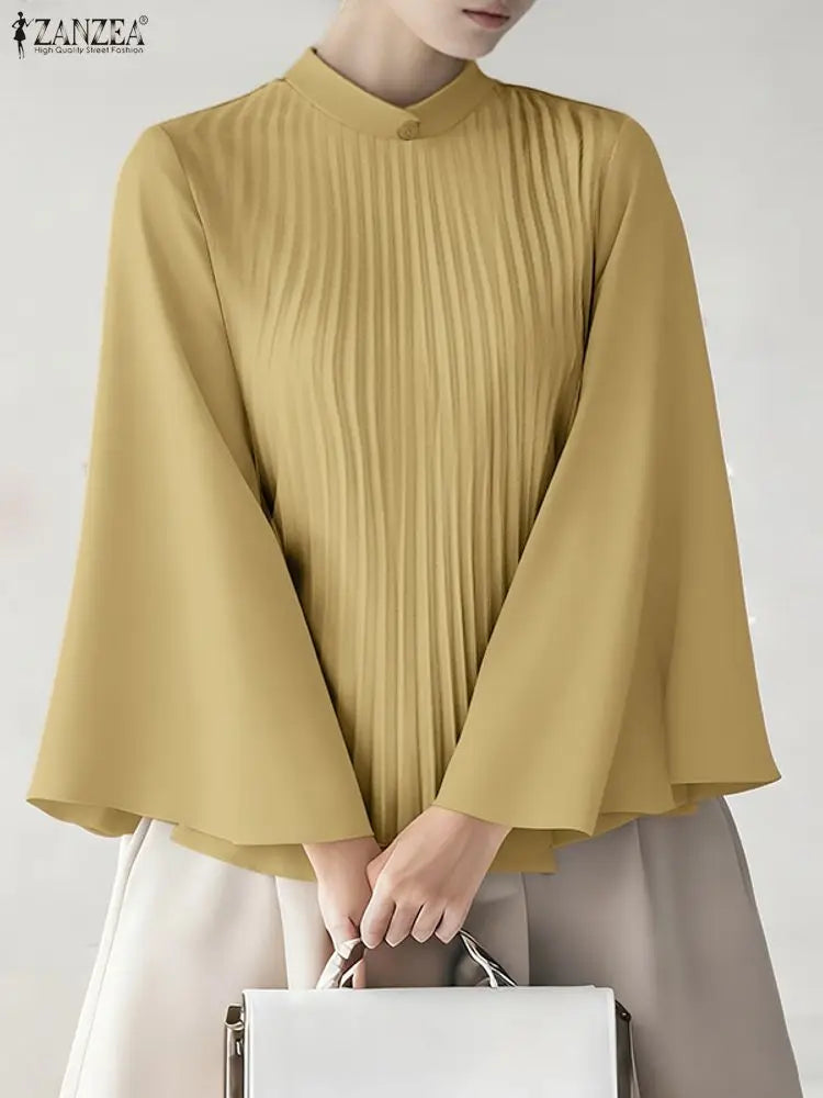 ZANZEA Elegant Chic Plisse Women Blouses Stand Collar Long Flare Sleeve Solid Color Pleated Tops Autumn Fashion Woman Clothes