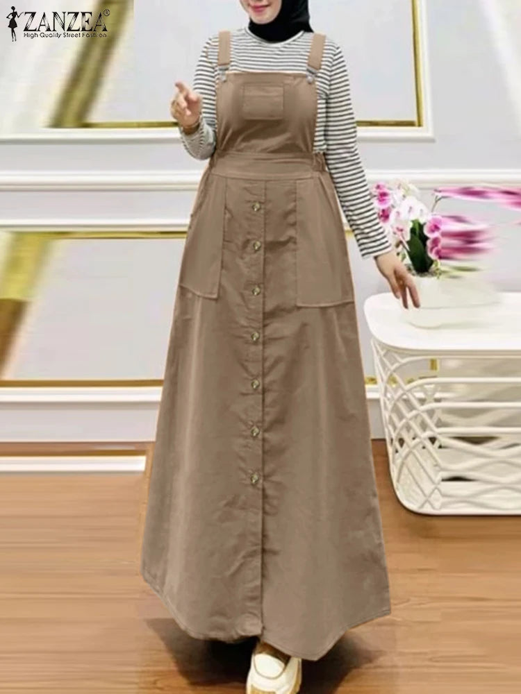 Spring Autumn Overall Dress ZANZEA Fashion Muslim Abaya Summer Women Sleeveless Sundress Robe Femme Islamic Hijab Vestidos 2025