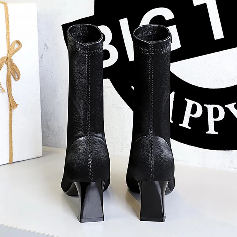 BIGTREE Shoes Autumn Winter Short Boots Square Head Leather Boots Women Shoes Thick Heel Skinny Boots Fashion High-heeled Boots
