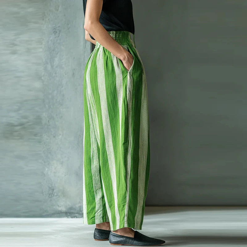 Summer High Waist Pocket Striped Printed Pants Women Casual Pocket Wide Leg Pants Female Fashion Streetwear