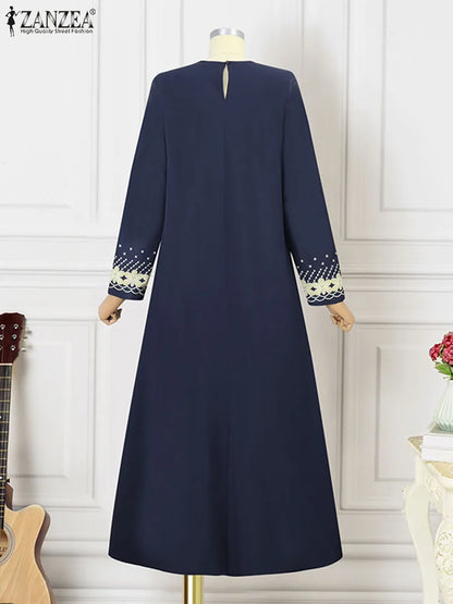 ZANZEA Muslim Fashion Dresses IsIamic Long Robe Abaya Vintage Floral Printed Vestidos Long Sleeve Maxi Sundress Abayas For Women