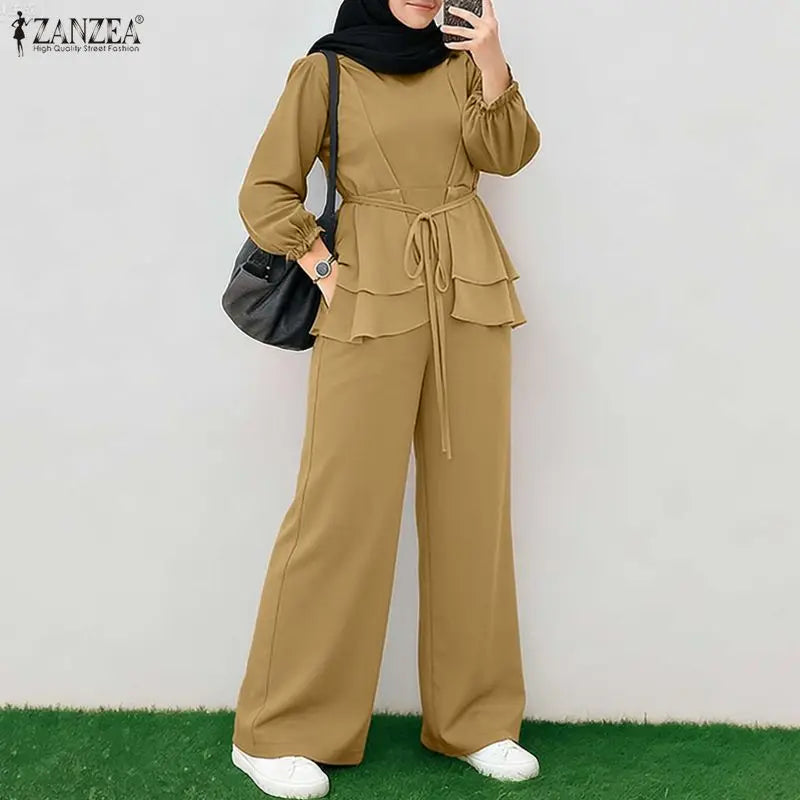 ZANZEA Women Muslim 2 Piece Sets Summer O Neck Long Sleeve Ruffled Hem Blouse Wid Leg Pants Sets Ramadan Outfits Hijab Tracksuit