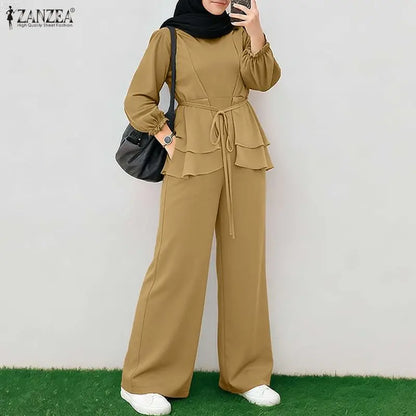 ZANZEA Women Muslim 2 Piece Sets Summer O Neck Long Sleeve Ruffled Hem Blouse Wid Leg Pants Sets Ramadan Outfits Hijab Tracksuit