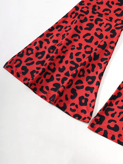 Girls Casual Leopard Print Short Sleeve Top And Flared Pants Long Pants Set for Outdoor Scenarios Spring/Summer Season