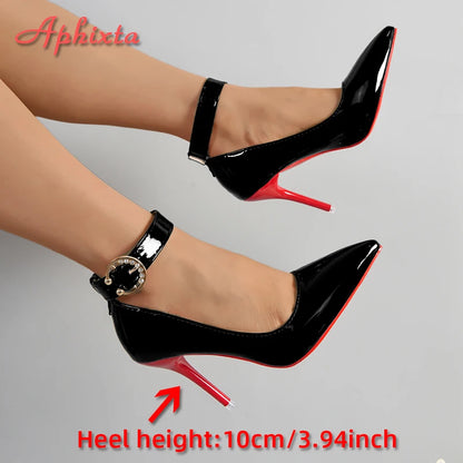 Aphixta Metal Belt Buckle Strap Pimp Red Black 10cm Stiletto Heels Pumps Women Party Shoes Rivets Pointed Toe Size 51 52 53