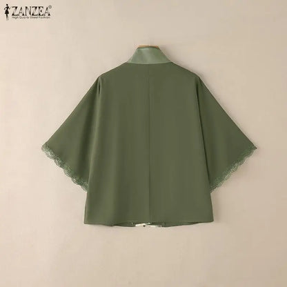 ZANZEA Vintage Floral Print Patchwork Kimonos Elegant V-Neck Lace Trim Half Sleeves Cardigan Tops 2026 Summer Open-Front Shirts
