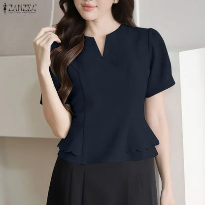 ZANZEA Women Elegant Layered Detail Blouses Summer Short Sleeve V-Neck Cinch Waist Solid Color Tops Day to Night Blusas Mujer