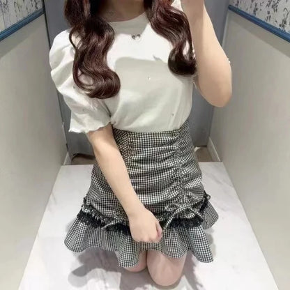 Japanese Style Sweet Lady Crew Neck Tees Bubble Short Sleeve T-shirts Versatile Slim Fit Women's Tops Spring and Summer