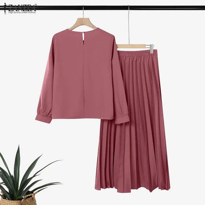 2026 ZANZEA Elegant Muslim 2 Pieces Sets Dubai Hijab Tracksuit Summer Women Long Sleeve Tops Dress Suit Ramadan Outfits Oversize