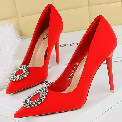BIGTREE Shoes Women 7.5 cm Heels Rhinestone Round Buckle Women Pumps Silks Satins High Heels Sexy Party Shoes Large Size 34-43