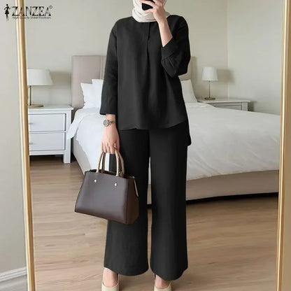 ZANZEA Women 2026 Spring Matching Sets Fahion Long Sleeve Tops Pant Sets Muslim Ramadan Outfits Elegant Solid OL Work Tracksuit