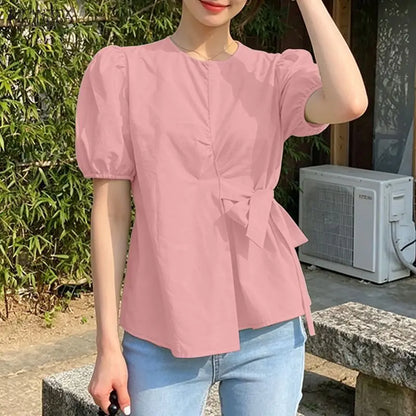 ZANZEA Women Elegant Chic Tied Waist Blouses O-Neck Short Puff Sleeve Solid Color Tops Summer Fashion Blusas de Mujer Streetwear