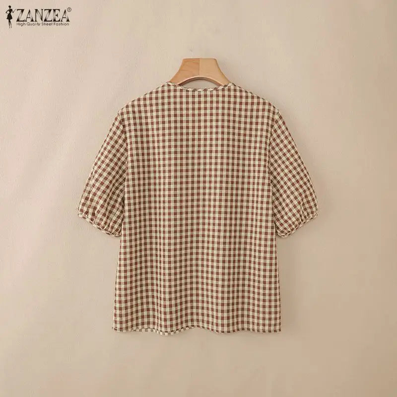 ZANZEA Women Loose Gingham Shirts Vintage Half Puff Sleeve V-Neck Button Up Tops Summer Daily Casual Plaid Blusas de Mujer