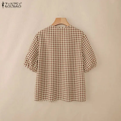 ZANZEA Women Loose Gingham Shirts Vintage Half Puff Sleeve V-Neck Button Up Tops Summer Daily Casual Plaid Blusas de Mujer