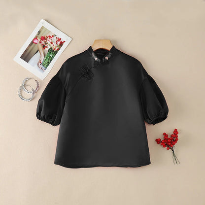 ZANZEA Woman Elegant Satin Blouses Chinese Style Embroidered Detail Mandarin Collar Lantern Sleeves Blusas de Mujer Vintage Tops