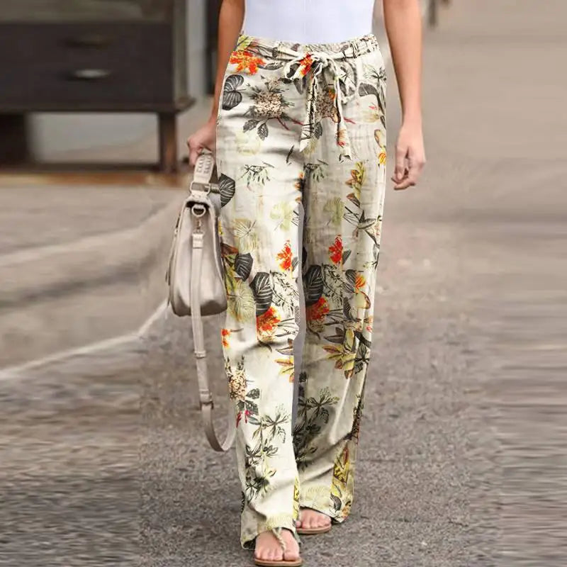 Casual Flower Print Cotton Linen Straight Leg Pants Women Fashion Lace Up Elastic Waist Home Trousers Female Plus Size Pants