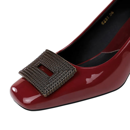 BIGTREE Shoes Metal Buckle Women Pumps Square Head Mid Heel Women Shoes Patent Leather Luxury Banquet Shoes Kitten Heels Lady