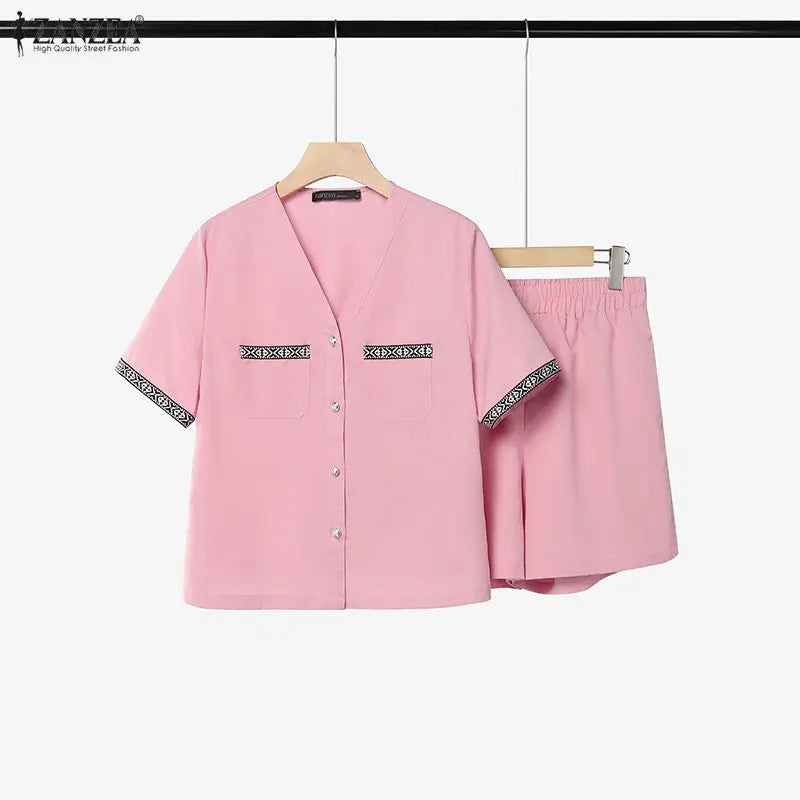 ZANZEA Women's 2-Piece Short Sets Printing Paneled V-Neck Short Sleeve Top Elastic Waist Shorts Matching Sets 2026 Summer Co-ord