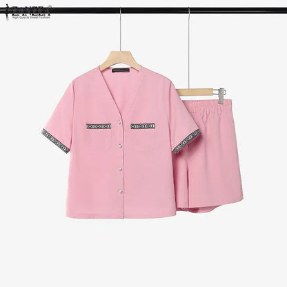 ZANZEA Women's 2-Piece Short Sets Printing Paneled V-Neck Short Sleeve Top Elastic Waist Shorts Matching Sets 2026 Summer Co-ord