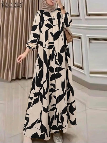 Women Fashion Long Sleeve Floral Print Muslim Dress Abaya ZANZEA Autumn Bohemain Sundress Maxi Long Vestidos Islamic Clothing