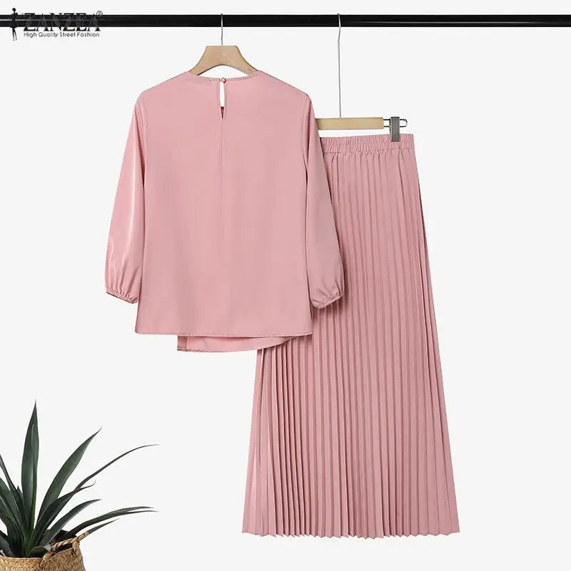 Modest Ramadan Outfit ZANZEA Women Muslim 2 Pieces Sets Stylish Casual O Neck Long Sleeve Pleated Blouse A Line Maxi Skirt Suit