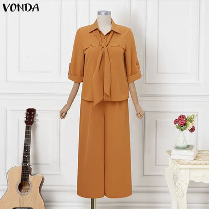 VONDA Plus Size Women Suits Long Sleeve Lapel Neck Tops High Waisted Pants Sets Casual Loose Solid Color Outfits Two-piece