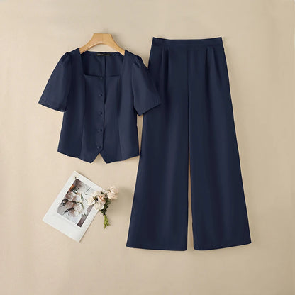 ZANZEA Summer 2 Pieces Sets 2PCS Women OL Work Outfits Square Neck Short Sleeve Blouse Wide Leg Pant Sets Solid Color Tracksuit