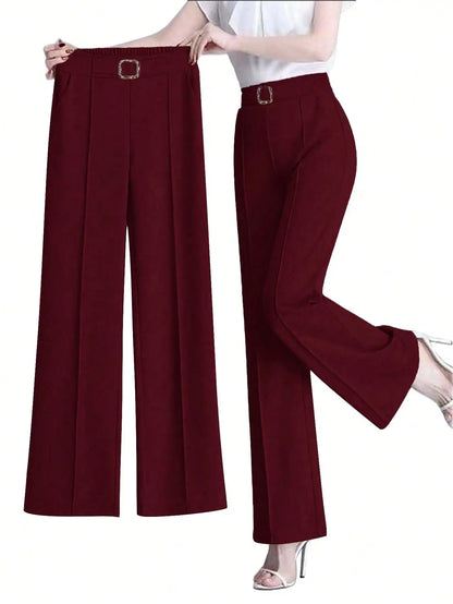Women's Elegant Solid Color Toothpick Striped Design Straight Leg Loose Casual Commuter Pants Palazzo Trousers