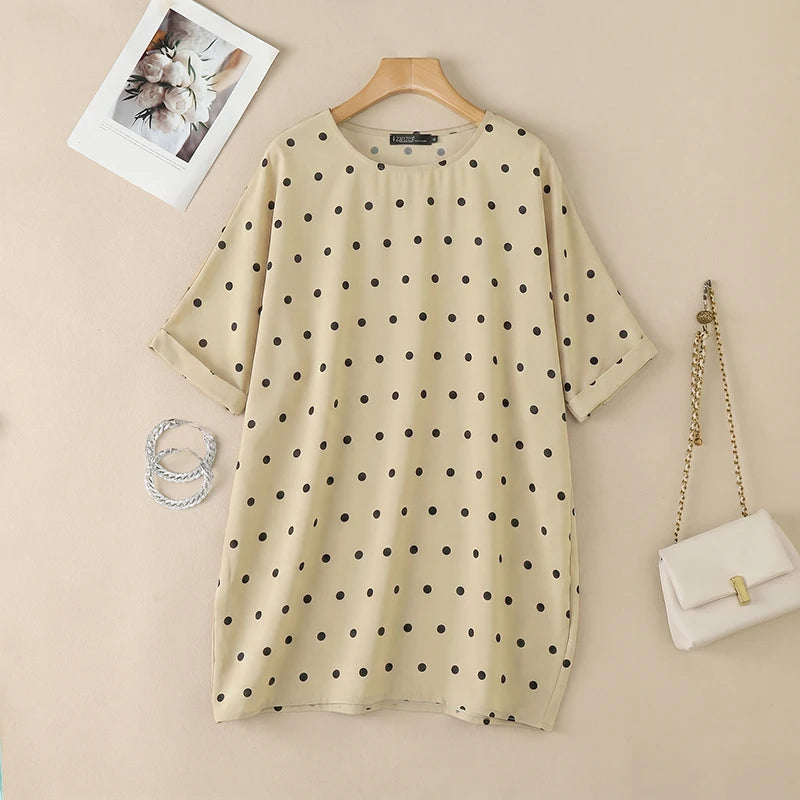 ZANZEA Woman Polka Dot Loose Long Blouses Round Neck 3/4 Sleeves Oversized Tunic Tops Autumn Casual Comfort Daily Wear Blusas
