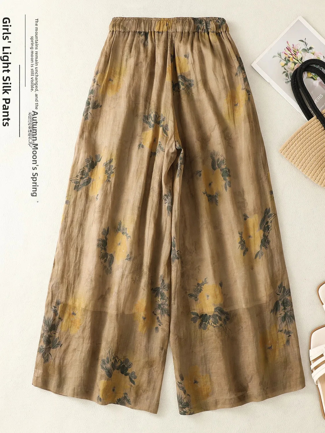 High Waist Wide Leg Pants Women's Casual Floral Print Artistic Versatile Cotton Linen Spring Autumn Season Pear Shaped Body Type