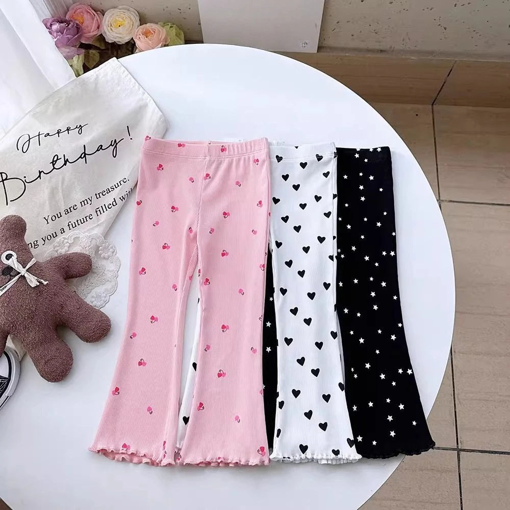 Girls' Flare Pants Spring Autumn 2026 Kids' Comfortable Printed Heart Motif Fashion Casual Long Pants
