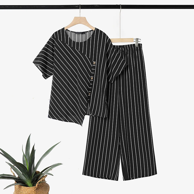 ZANZEA Stylish Summer 2 Pieces Sets Women Striped Tracksuit O Neck Short Sleeve Blouse Pants Sets Holiday Outfits Matching Sets