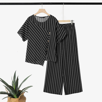 ZANZEA Stylish Summer 2 Pieces Sets Women Striped Tracksuit O Neck Short Sleeve Blouse Pants Sets Holiday Outfits Matching Sets
