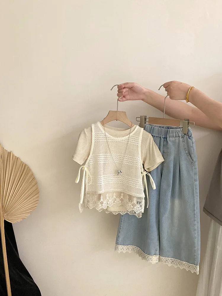 Girls' Summer New Korean Style Hollow Out Lace Trim Tank Top Solid Color Short Sleeve Casual Denim Three-Piece Set