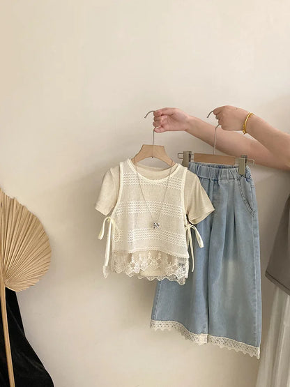 Girls' Summer New Korean Style Hollow Out Lace Trim Tank Top Solid Color Short Sleeve Casual Denim Three-Piece Set