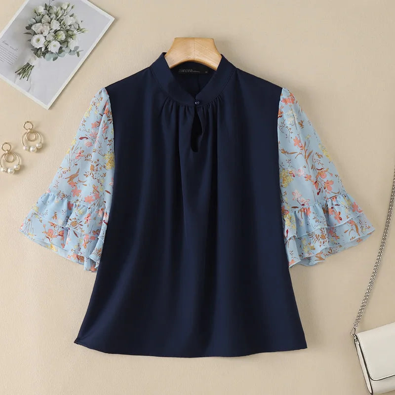 ZANZEA Women's Vintage Mandarin Collar Blouses Floral Chiffon Half Flare Sleeve Patchwork Tops Elegant Casual Blusas de Mujer