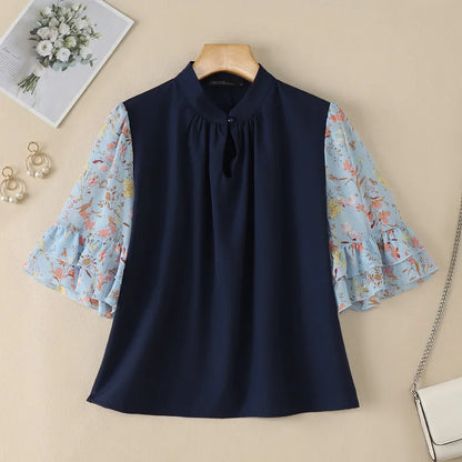 ZANZEA Women's Vintage Mandarin Collar Blouses Floral Chiffon Half Flare Sleeve Patchwork Tops Elegant Casual Blusas de Mujer